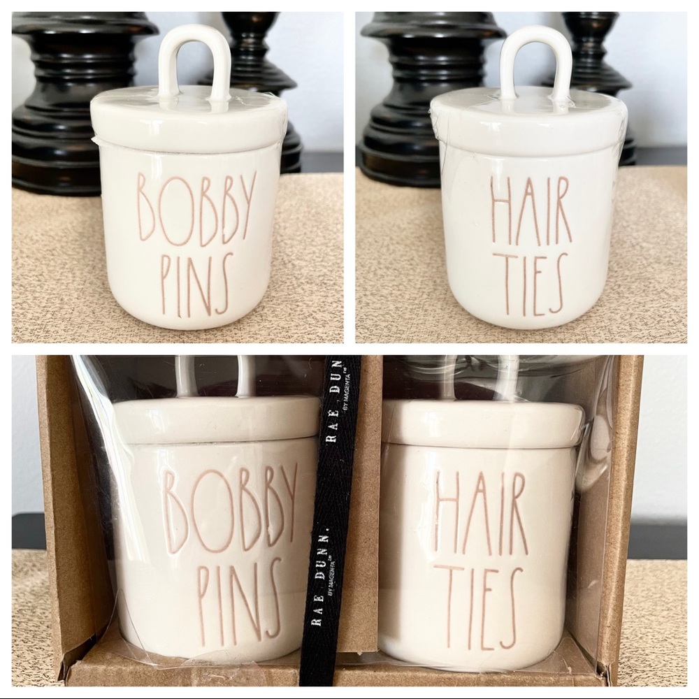New Rae Dunn BOBBY PINS/ HAIR TIES Loop Canister Ceramic Set